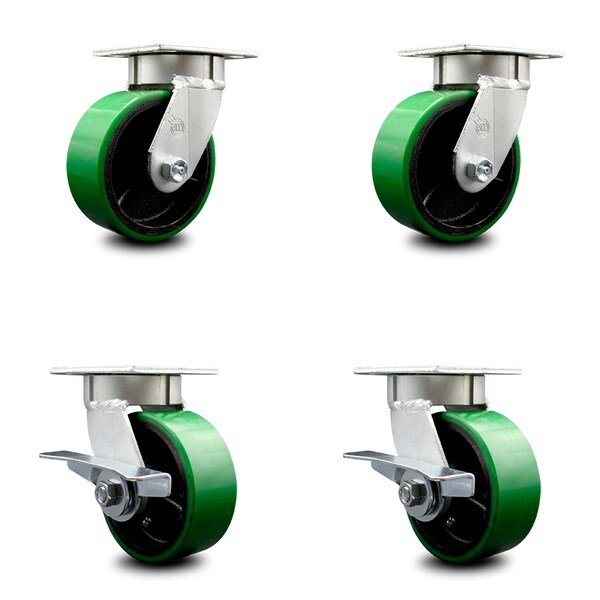 5 Inch Kingpinless Green Poly on Steel Wheel Swivel Caster Set with 2 Brakes SCC